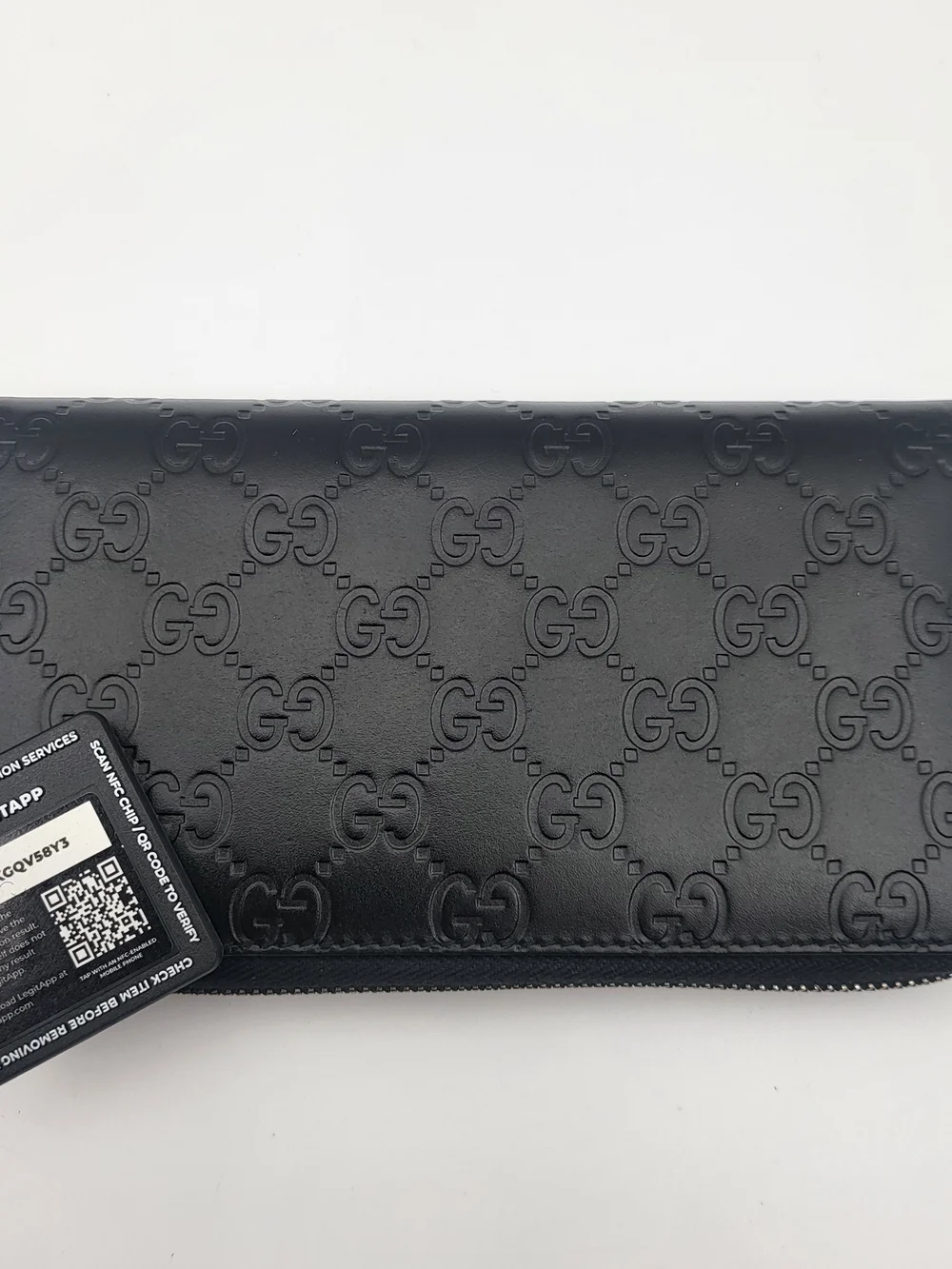 Gucci Black Embossed Calfskin Leather GG Motif Long Zip Wallet..Auth. w/COA.